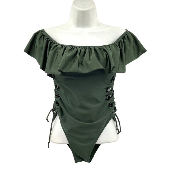 TiniBikini Green Off Shoulder One Piece Swimsuit Lace Up Sides Size Small - Picture 1 of 13
